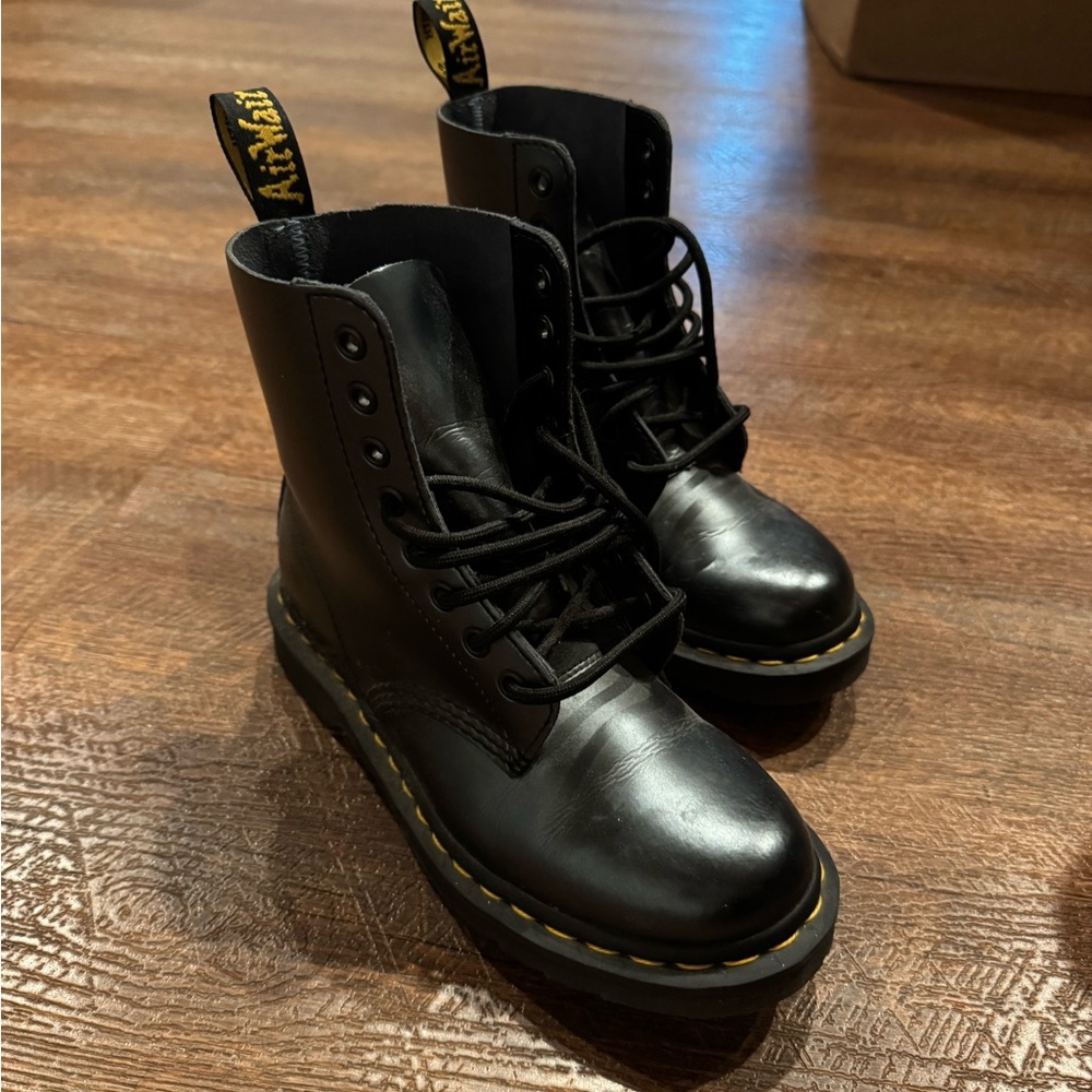 Dr. Martens Metalllic Black Boots with Yellow Stitching